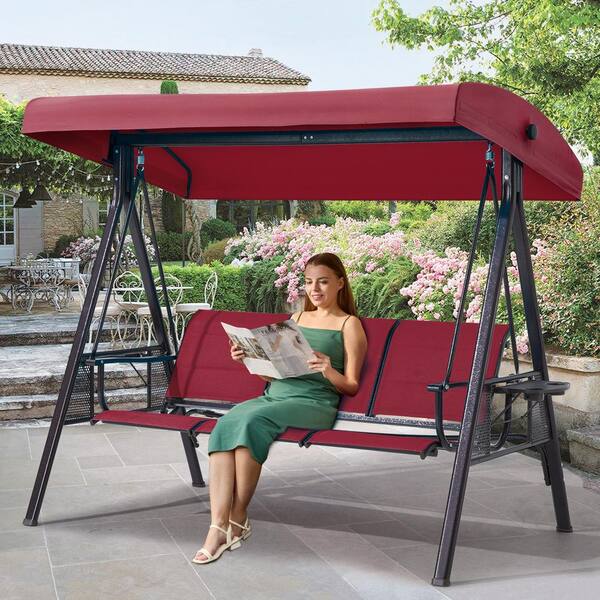Zeus & Ruta 3 Seat Metal Patio Swing with Textilene Backrest, Outdoor Swing with 2 Cup Holders and Adjustable Canopy, Red