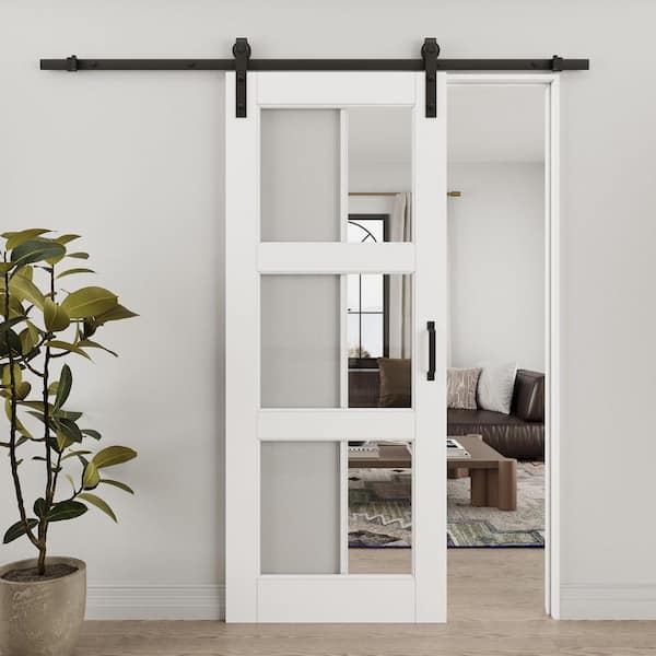 32 in. x 80 in. 3-Lite Tempered Clear Glass White Primed Solid Core MDF Sliding Barn Door with Hardware Kit
