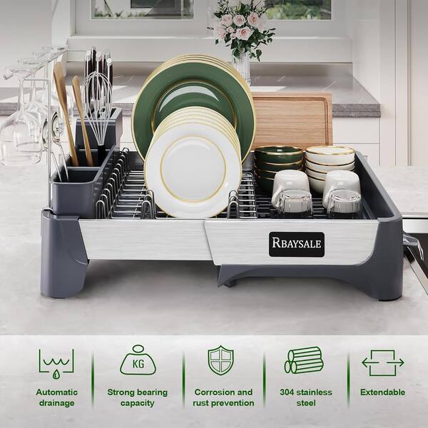 Large Expandable Stainless Steel Dish Rack with Aluminum Pull