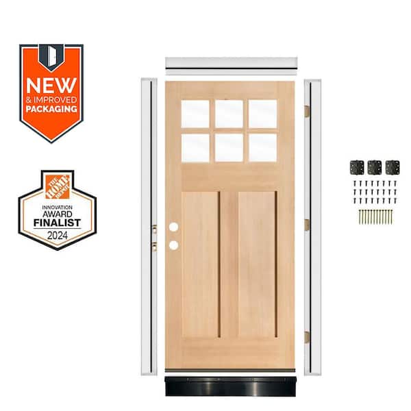 Krosswood Doors DIY 36 in. x 80 in. Craftsman Right-Hand 6-Lite Clear Glass Unfinished Hemlock Wood Front Door Kit w/Quick Assemble Jamb