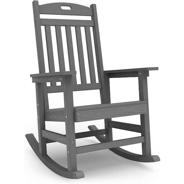 Mximu Gray Plastic Patio Outdoor Rocking Chair, Fire Pit Adirondack Rocker Chair with High Backrest