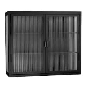 27.6 in. W x 9 in. D x 23.6 in. H Glass Doors Bathroom Storage Wall Cabinet in Black for Entryway Living Room Bathroom