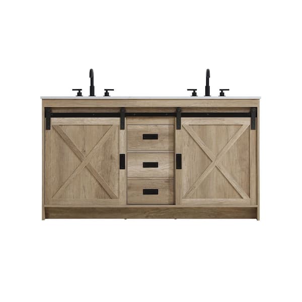60 in. Double Sink Natural Oak Bath Vanity with White Engineered Marble Top