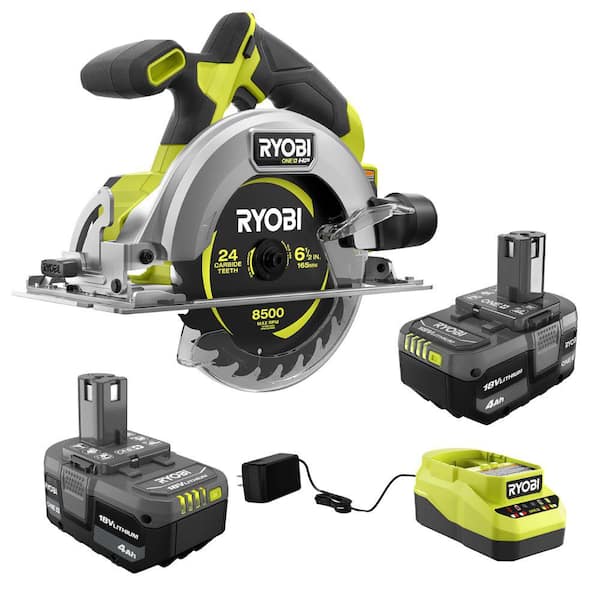 RYOBI ONE+ 18V Lithium-Ion 4.0 Ah Compact Battery (2-Pack) and Charger Kit with ONE+ HP Brushless Circular Saw