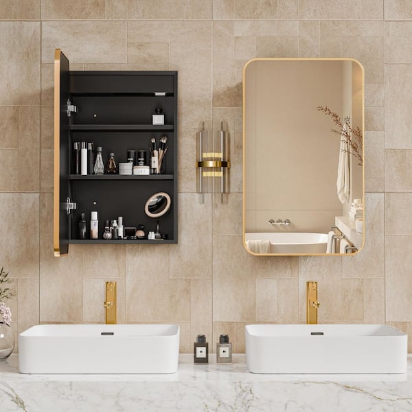 24 in. W x 30 in. H Recessed Rectangular Metal Framed Bathroom Medicine Cabinets with Mirror in Brushed Gold