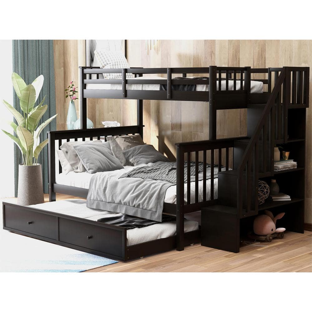 Polibi Espresso Stairway Twin Over Full Bunk Bed with Trundle, Storage ...