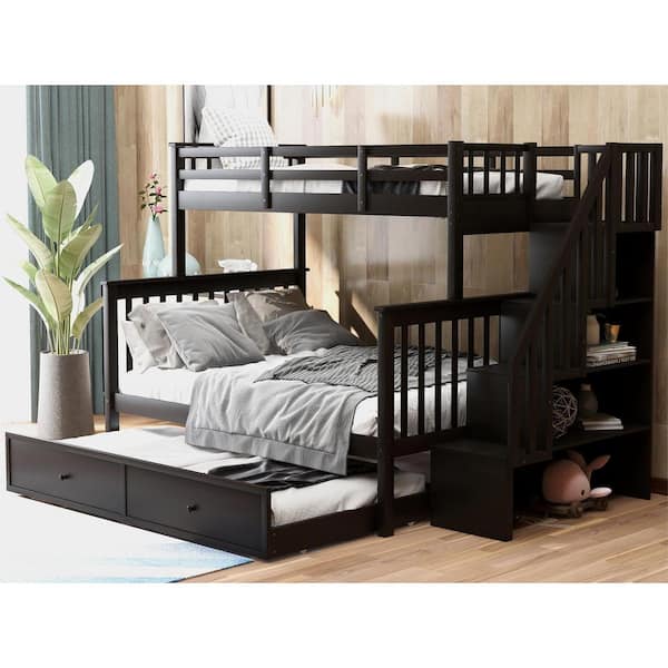 Espresso Stairway Twin Over Full Bunk Bed with Trundle, Storage and Guard Rail(91.73 in. L x 54.33 in. W x 61.4 in. H)