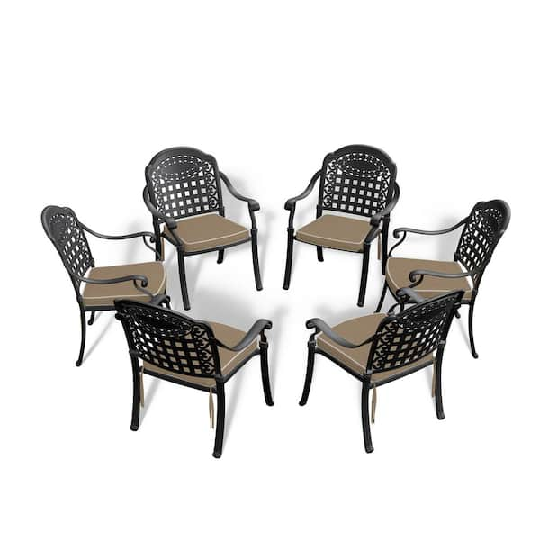 Mondawe Cast Aluminum Black Frame Patio Dining Chair Garden and Outdoor Armchair with Random Color Cushions (Set of 6)