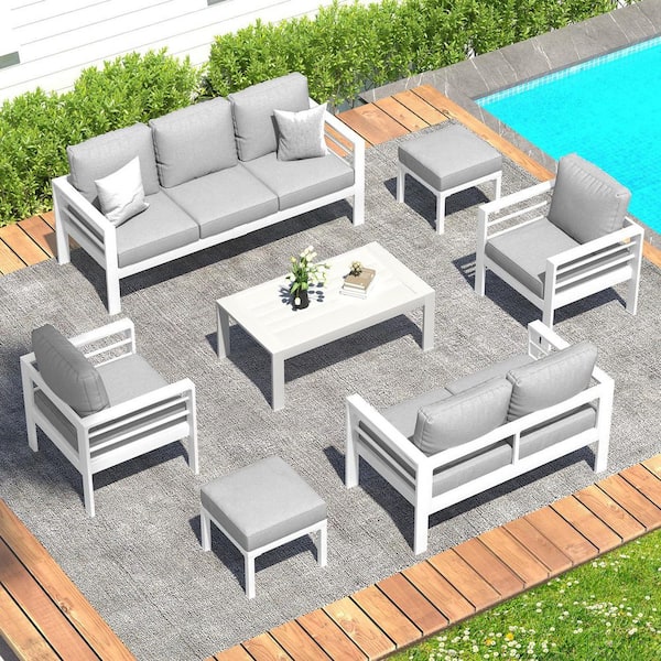 Sudzendf White 7-Piece Aluminum Patio Conversation Set with Light Gray Cushions, Coffee Table and Stool for Garden, Backyard