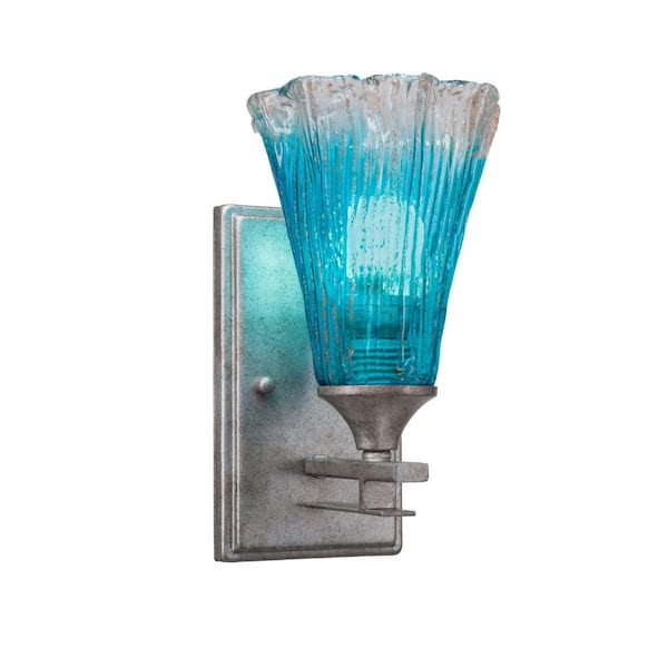 Unbranded Ontario 5.5 in. 1 Light Wall Sconce Aged Silver 5.5 in. Fluted Teal Crystal Glass Shade