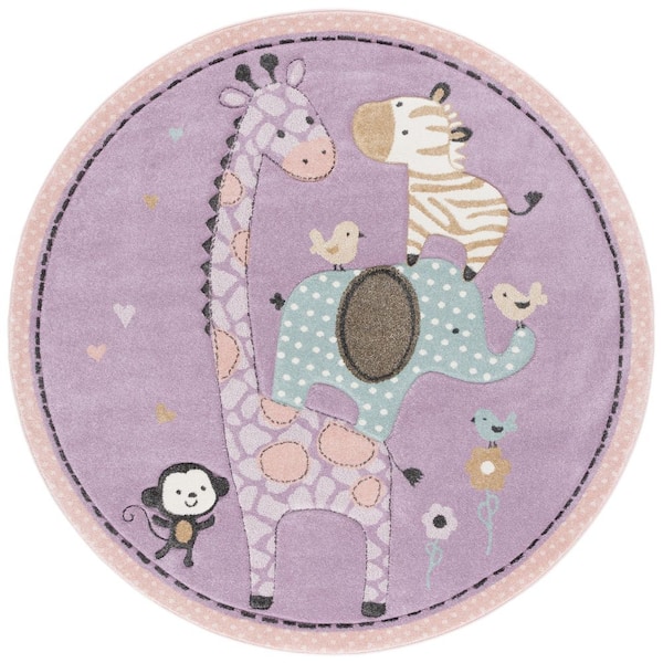 Carousel Kids 7 ft. x 7 ft. Purple Animal Print Round Rug