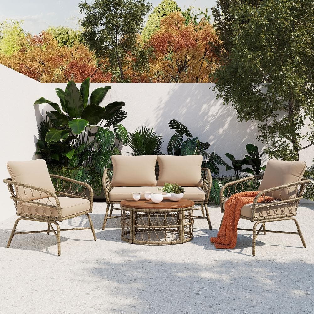 4-Person Bohemian Wicker Outdoor Patio Conversation Set with Wood Tabletop, Removable Cushions, Beige price history on PriceWatchPro
