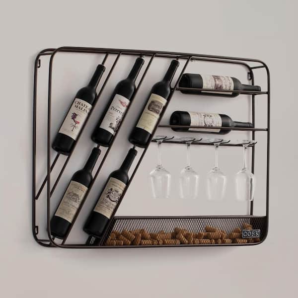 Vintiquewise Vintage-Inspired Decorative Metal Wall-Mounted Wine Rack with Cork and Wine Glass Holder