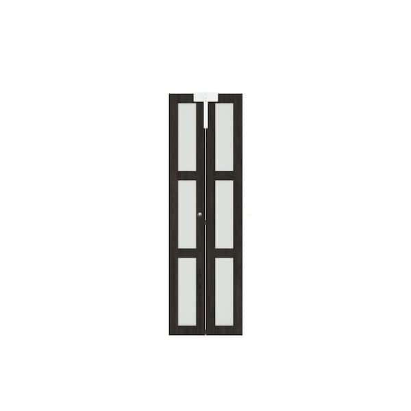 24 in. x 80 in. 3-lite Frosted Glass Solid Core Ancient Wood Color MDF Bi-fold Doors with Lock and Handle