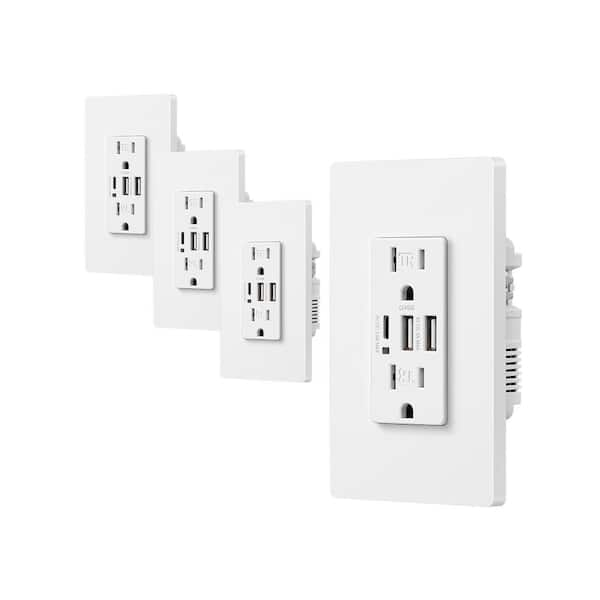 White 15 Amp Tamper Resistant Receptacle Outlet with 3-Port USB Wall Outlet (4-Pack)