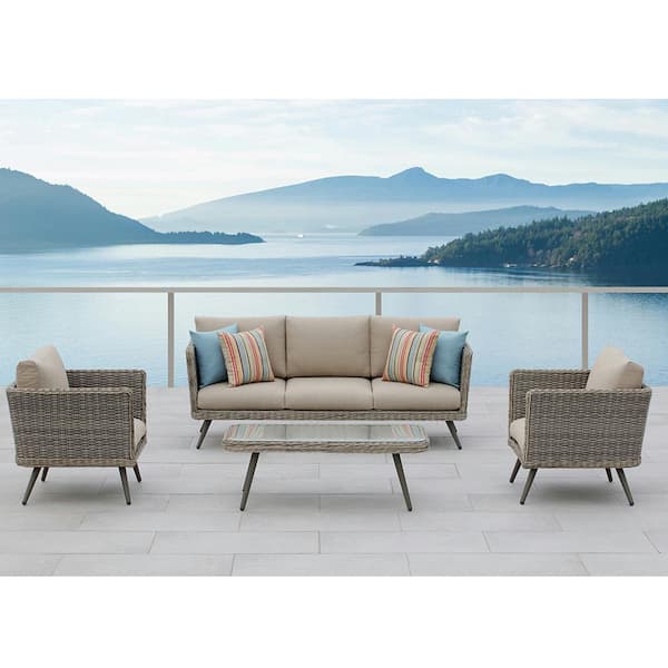 OVE Decors Danforth Charcoal 4-Piece Wicker Patio Conversation Set with Olefin Light Brown Cushions