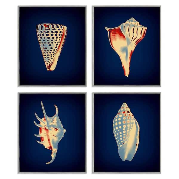 Stupell Industries Bright Shells on Indigo by Graffitee Studios 4-Pieces Gray Framed Coastal Giclee Art Print 20 in. x 16 in.