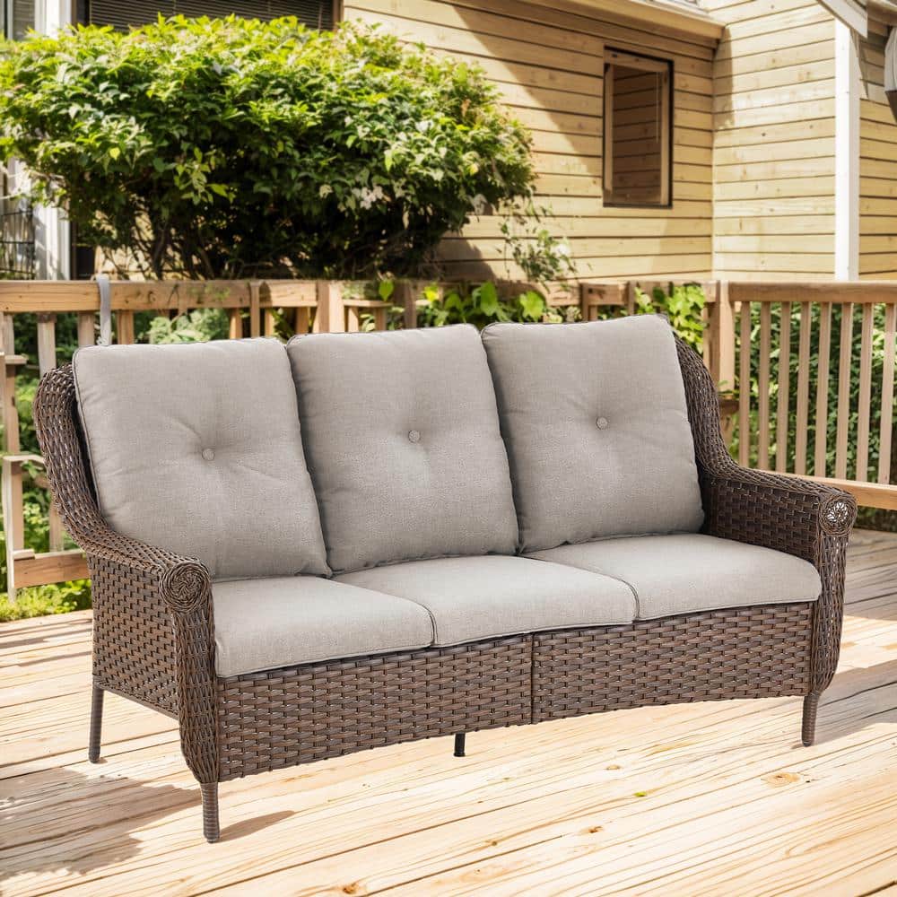 Floral Brown Wicker 3-Seat Patio Sofa Outdoor Couch with Thick CushionGuard Beige Cushions price history on PriceWatchPro