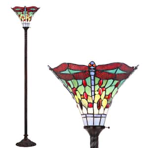 Dragonfly Tiffany-Style 71 in. Bronze/Red Torchiere Floor Lamp