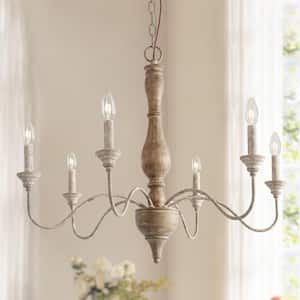 6-Light Rustic Farmhouse Wood Chandelier 29.5 in. W with Antique White French Country Accents and Classic Candle Style