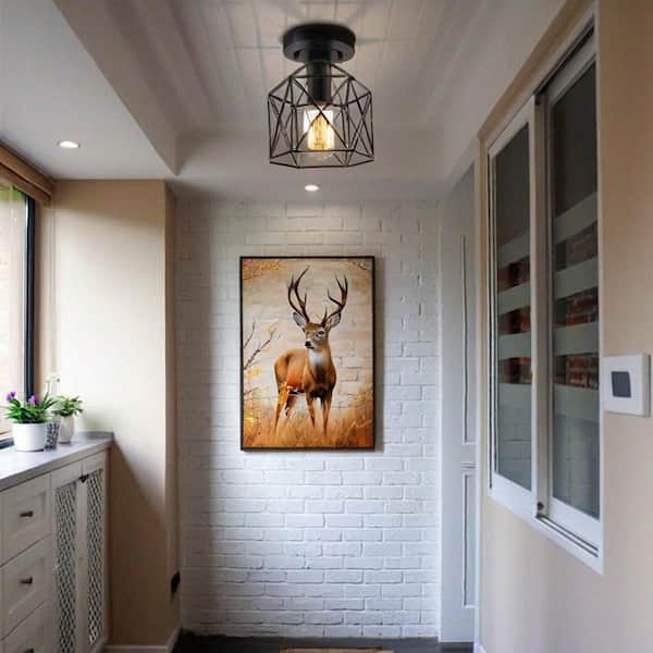 YANSUN 6 in. 1-Light Black Industrial Semi-Flush Mount Ceiling Light with Metal Cage Shade