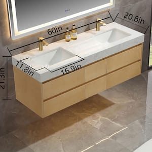60 in. W x 20.7 in. D x 21.3 in. H Floating Bathroom Vanity in Natural wood solid/White Marble Countertop and Lights