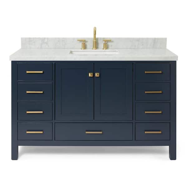 Cambridge 55 in. W x 22 in. D x 36 in. H Vanity in Midnight Blue with Carrara White Marble Top
