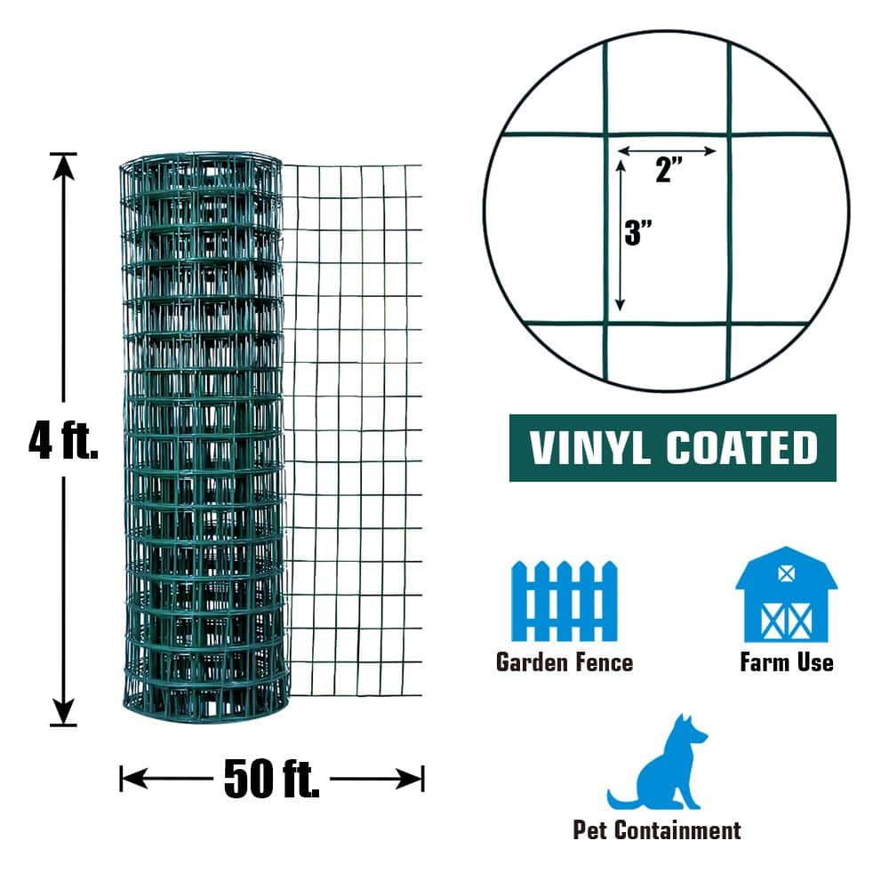 Green Vinyl Coated Welded Metal Garden Fence Wire Roll, 4 ft x 50 ft