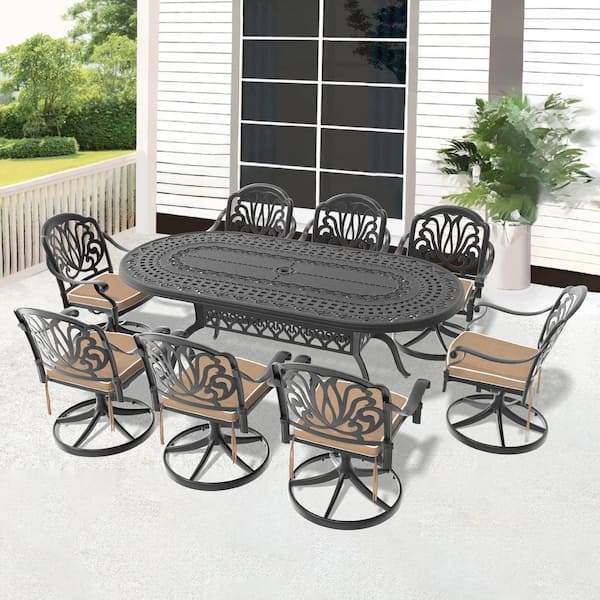 Elizabeth 9-Piece Cast Aluminum Patio Outdoor Dining Set with Oval Dining Table, 9 Swivel Chairs and 9 Brown Cushions