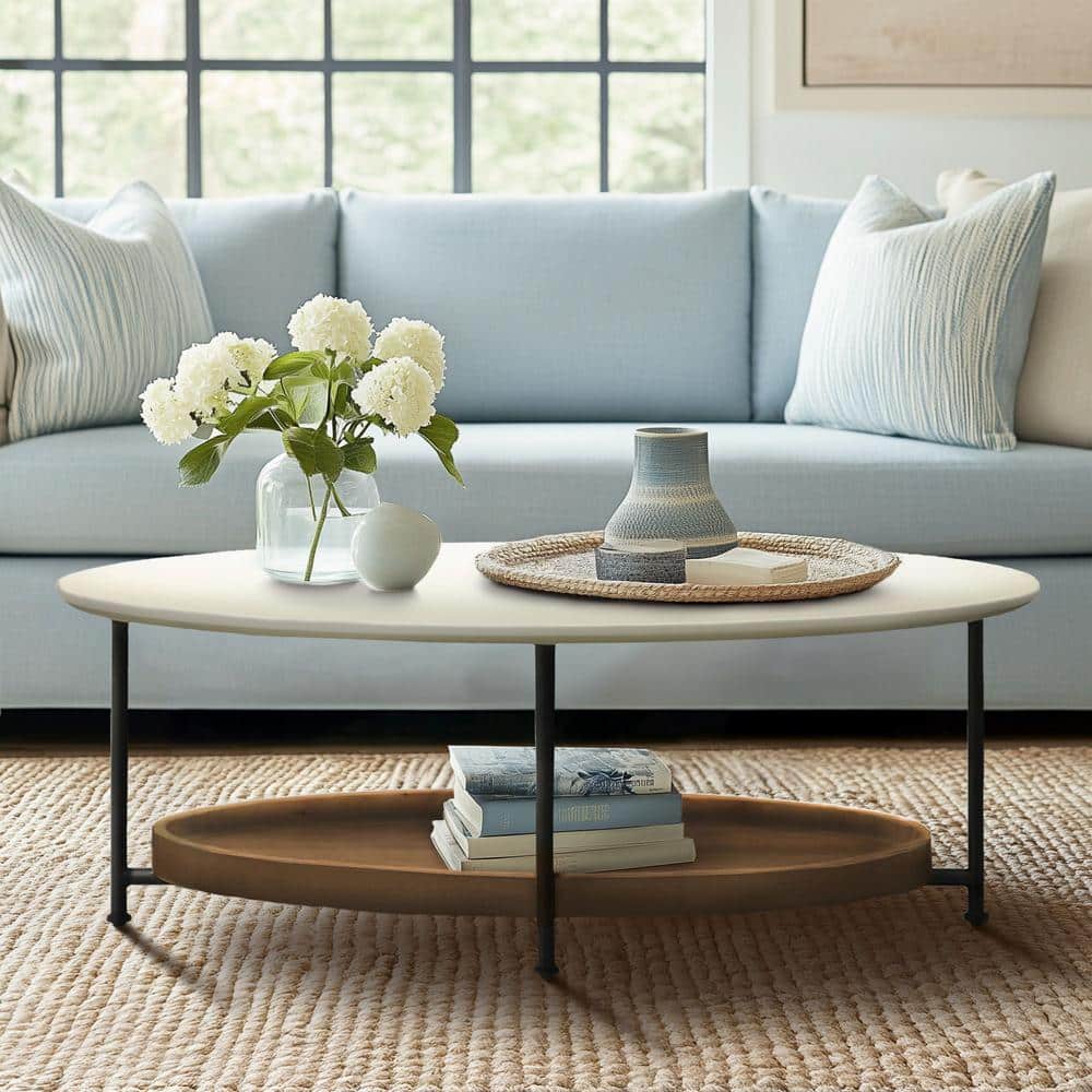 White and Natural Oval Wood Metal Coffee Table