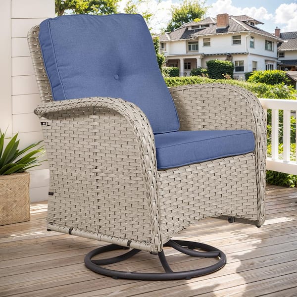 Opohoro PlainCurve Metal and Light Beige Wicker Outdoor Rocking Chair Patio Swivel Chairs with Olefin Navy Blue Cushions