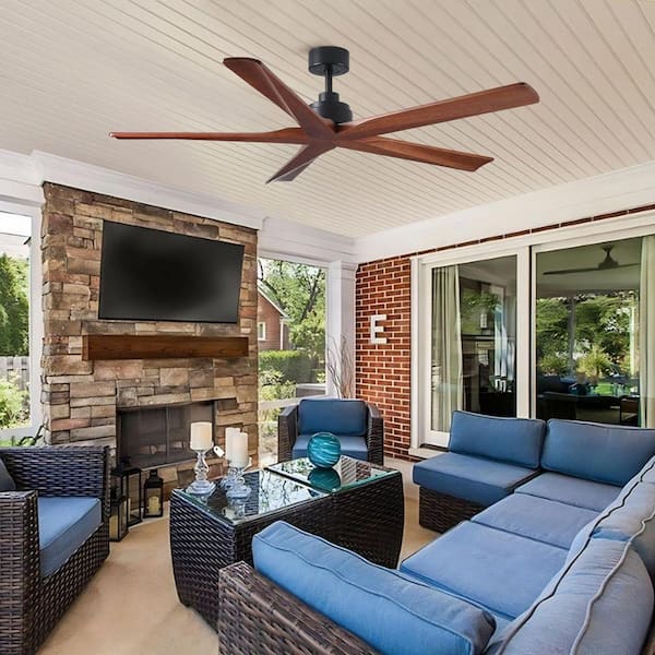 60 in. Black Standard Low Profile 5‑Blade Ceiling Fan Without Light, Remote, Reversible Walnut Wood Blades Downrod Mount