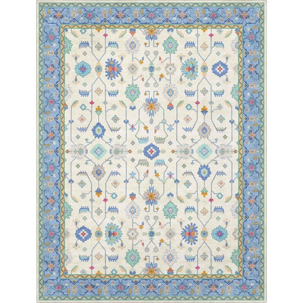 Ushak Antalya Modern Vintage Persian, 6 ft. in. x 9 ft. in., Ivory Blue Multi Area Rug