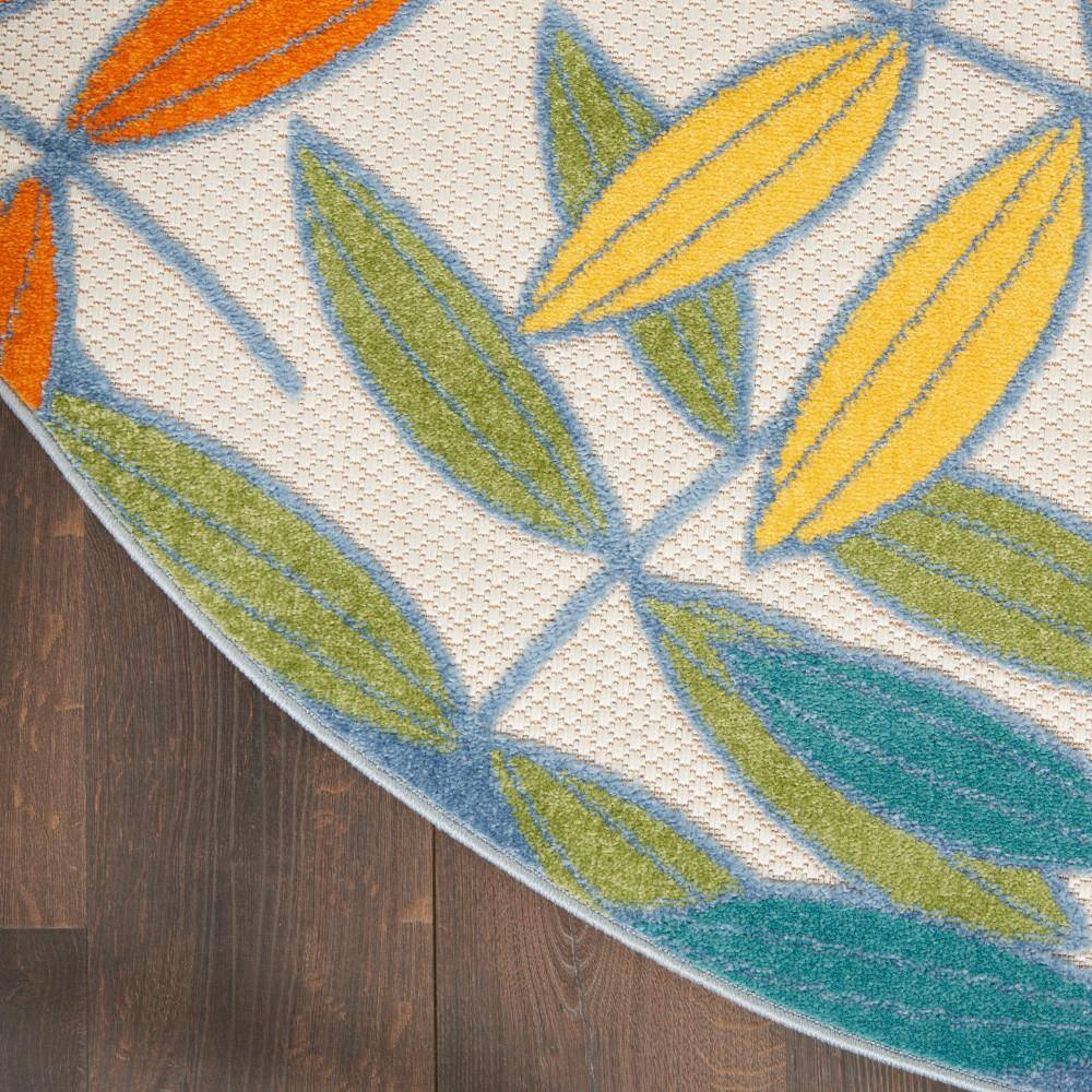 Ivory Multi Floral Round Synthetic Outdoor Rug
