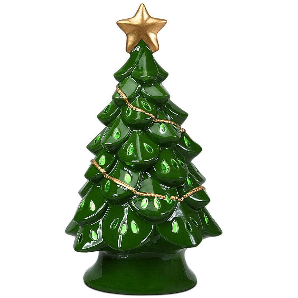 WELLFOR 11.5 in. Green Ceramic Tabletop Christmas Tree with Lights CM ...