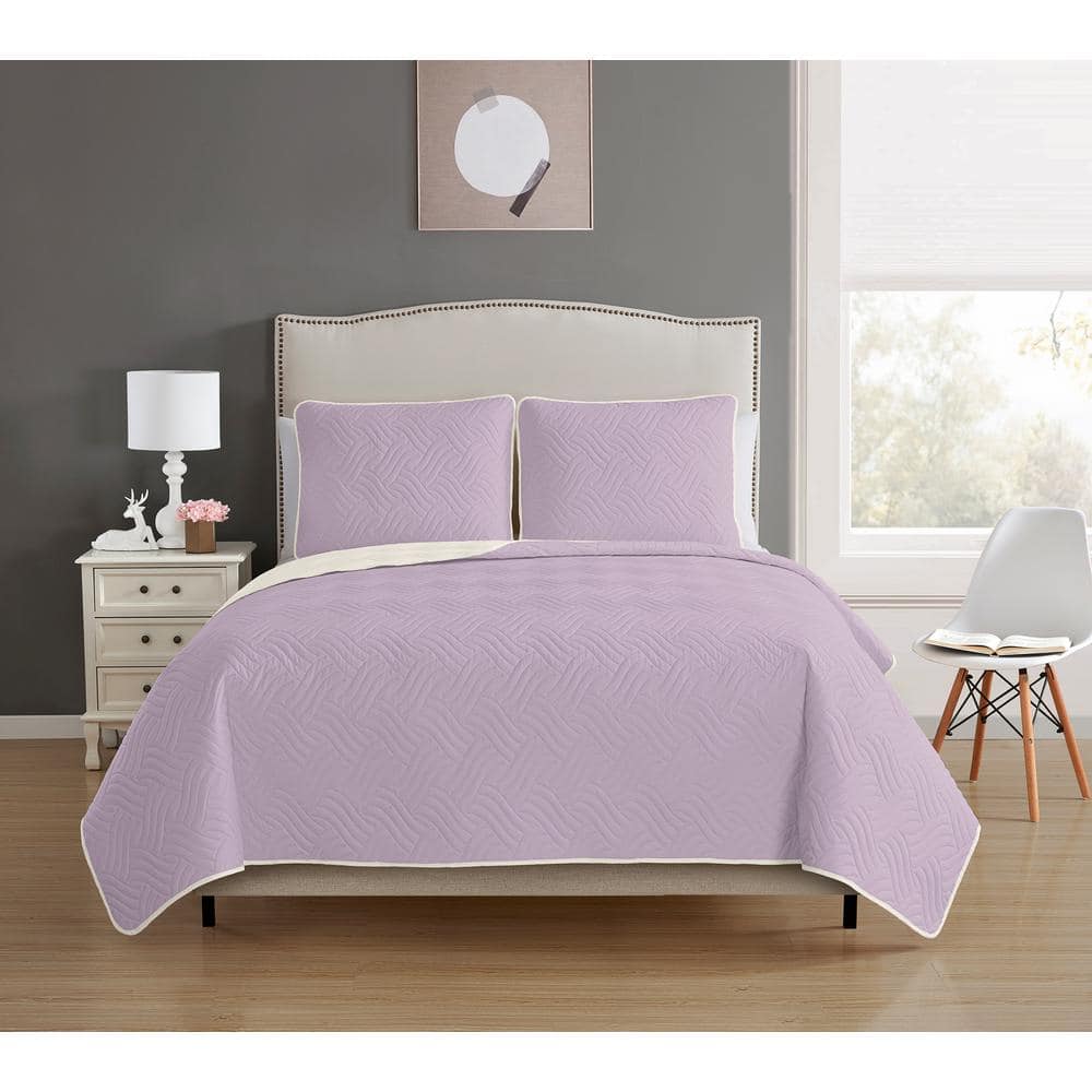 Allison Reversible 3-piece Lavender/Cream King Quilt Set