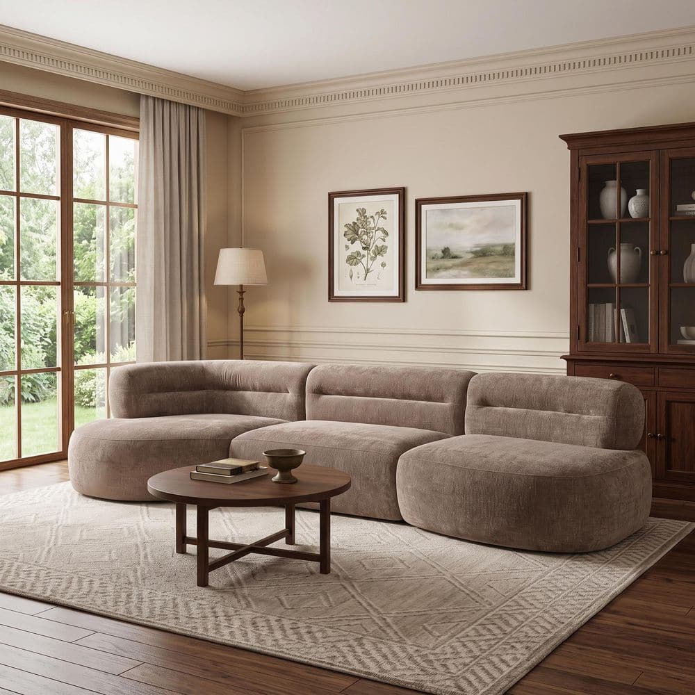 121.8 in. Round Arms 3-Piece Polyester Modular Compressed Sectional Sofa in Brown with Right Hand Facing Chaise Lounge