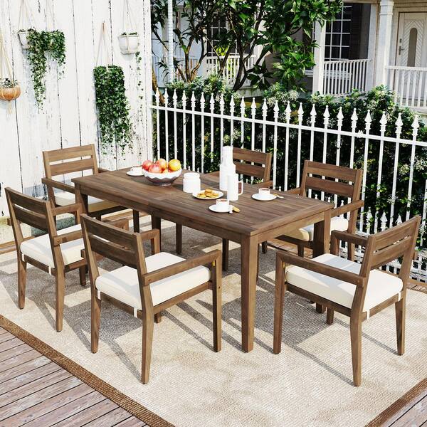 Clihome 7-Piece Acacia Wood Light Brown Outdoor Dining Set with Cushions