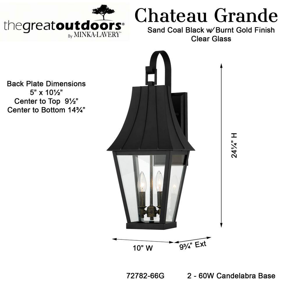 Chateau Grande Black and Gold 2-Light Outdoor Wall Sconce with Glass Shade