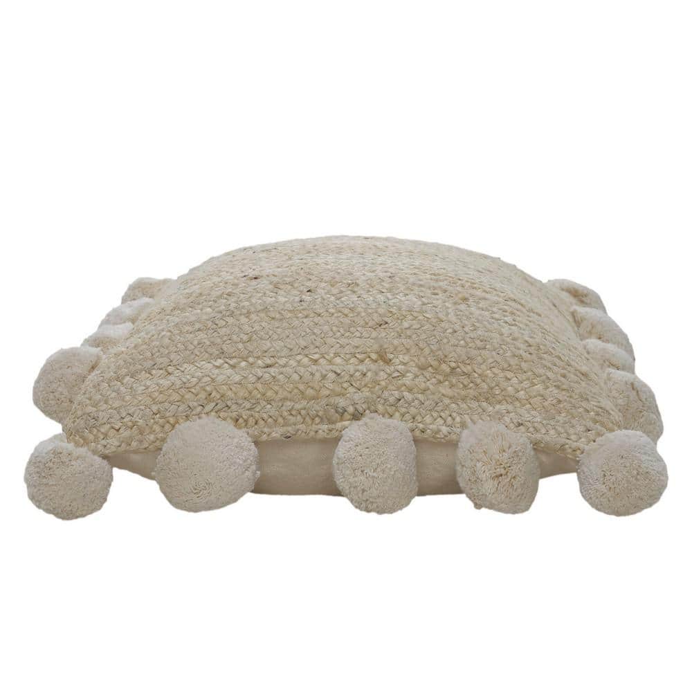 Natural Jute Square Throw Pillow with Pom Pom Border, 20" x 20"