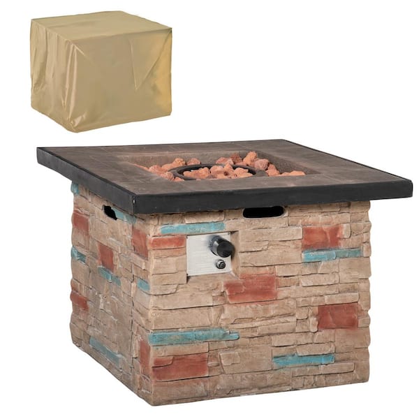 Outsunny Square Stone Fire Pit Table with Protective Cover