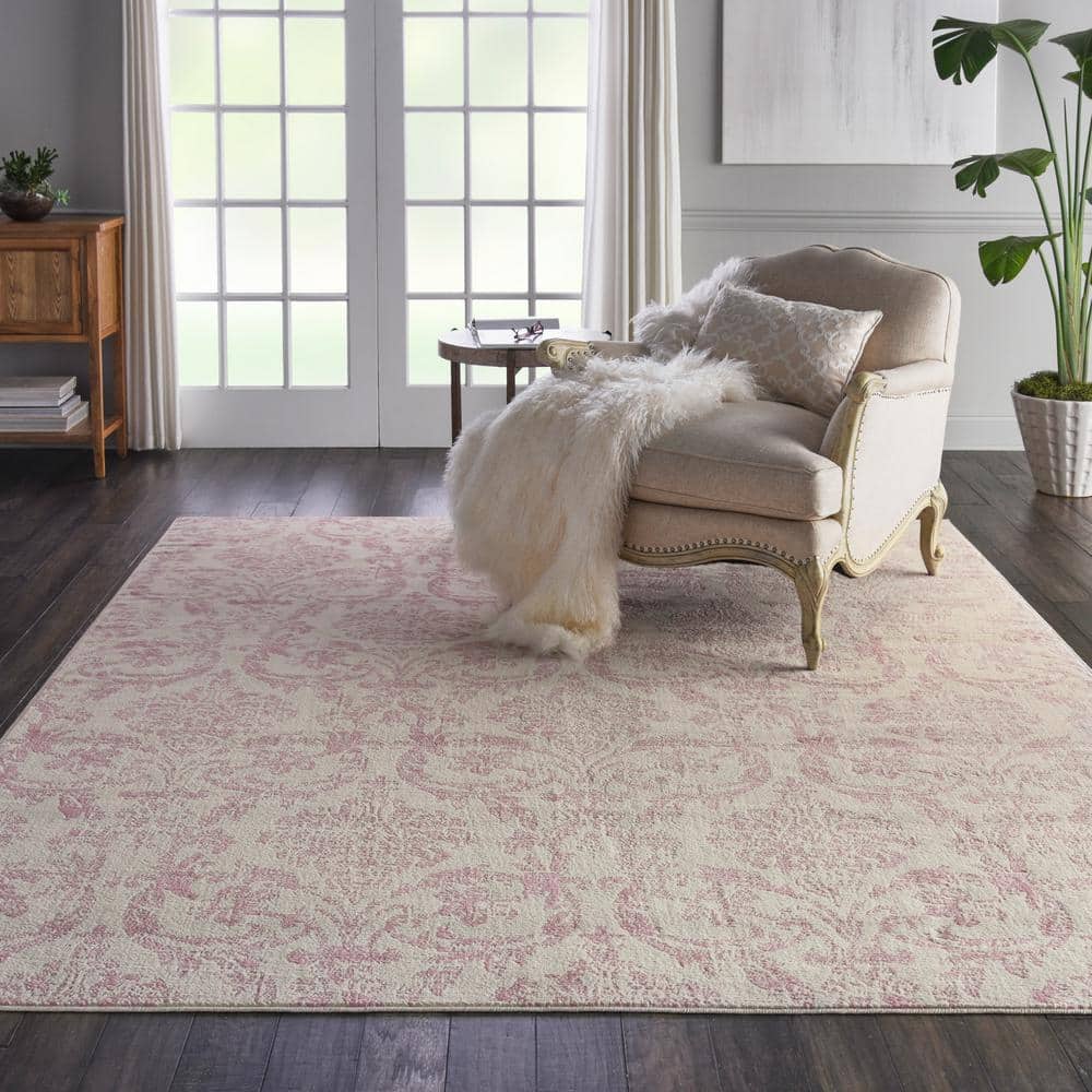 Ivory and Pink Synthetic Damask 7' x 10' Area Rug