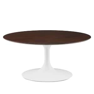 Lippa 36 in. Round Wood Coffee Table in Cherry Walnut with White Pedestal Base