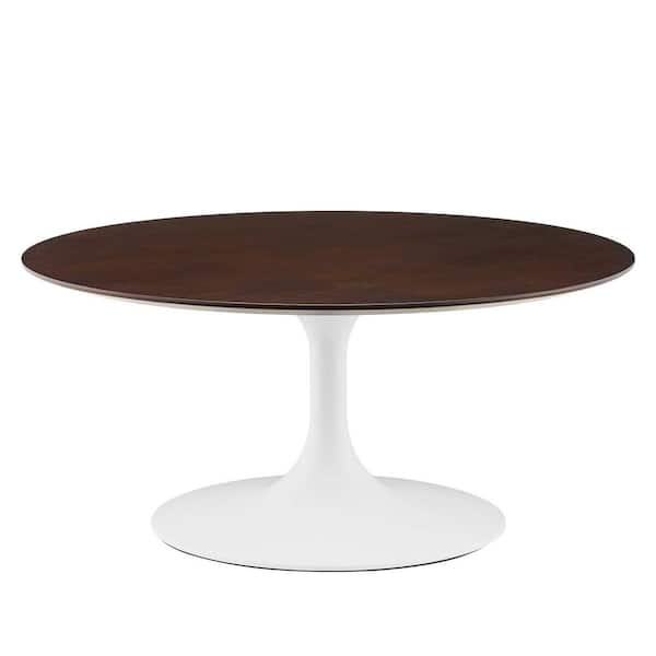 MODWAY Lippa 36 in. Round Wood Coffee Table in Cherry Walnut with White Pedestal Base