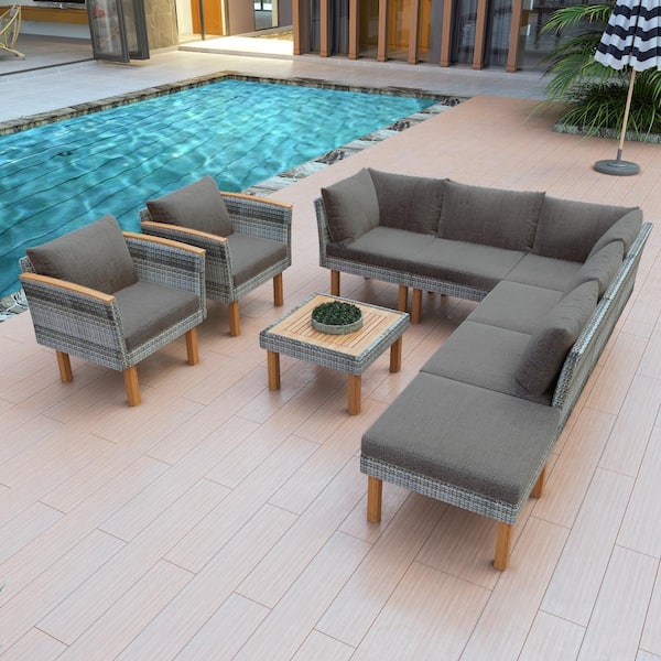 Patio Rattan Furniture Set, Acacia Wood Legs & Tabletop, Rattan Sectional with Coffee Table & Cushions, Gray