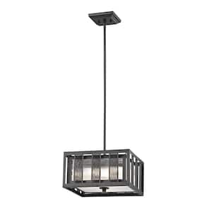Meridional 14 in. 3-Light Bronze Shaded Pendant Light with Clear Ribbed Glass Shade with No Bulb Included