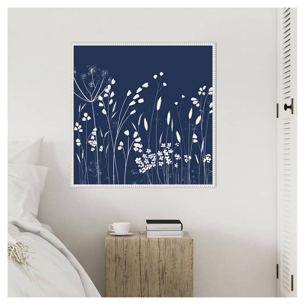 Indigo Flowers II White Floater Frame Canvas Wall Art