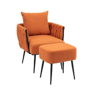 Modern Orange Linen Accent Chair with Ottoman with Metal Frame