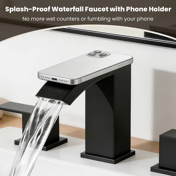 Curve Waterfall 8 in. Widespread 2-Handle Bathroom Faucet 3-Hole Bath Sink Faucet with Pop-Up Drain in Matte Black