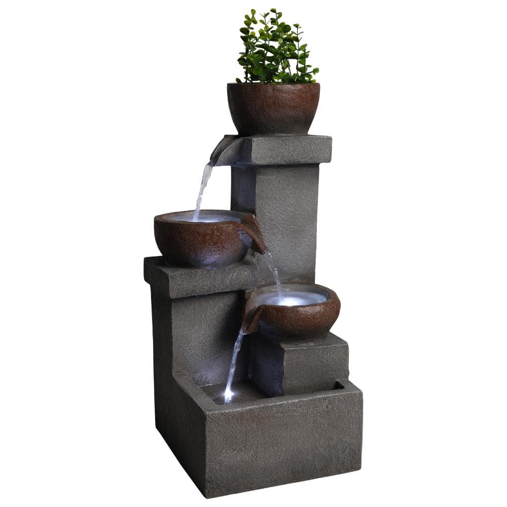 11 in Gray Resin Outdoor Tiered Cascading Jar Waterfall Fountain with LED Lights for Patio price history on PriceWatchPro